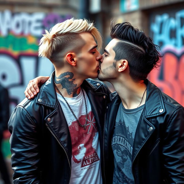 An alternative styled 30-year-old man with striking blonde hair and an eyebrow piercing is passionately kissing another alternative styled 30-year-old man with black wavy hair and a well-groomed trimmed beard