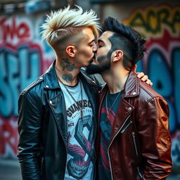 An alternative styled 30-year-old man with striking blonde hair and an eyebrow piercing is passionately kissing another alternative styled 30-year-old man with black wavy hair and a well-groomed trimmed beard