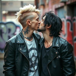 An alternative styled 30-year-old man with striking blonde hair and an eyebrow piercing is passionately kissing another alternative styled 30-year-old man with black wavy hair and a well-groomed trimmed beard
