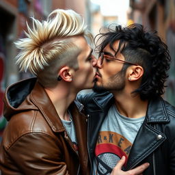 An alternative styled 30-year-old man with striking blonde hair and an eyebrow piercing is passionately kissing another alternative styled 30-year-old man with black wavy hair and a well-groomed trimmed beard