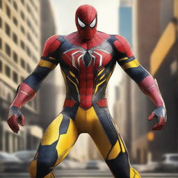 A high-quality digital art piece featuring Spiderman in a Transformer Bumblebee-inspired costume