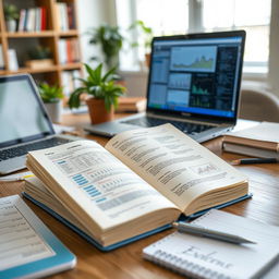 An open clinical research handbook displayed on a wooden table, surrounded by various research tools and materials