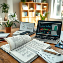An open clinical research handbook displayed on a wooden table, surrounded by various research tools and materials
