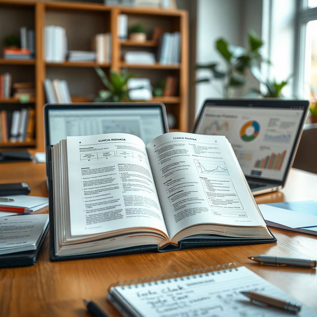 An open clinical research handbook displayed on a wooden table, surrounded by various research tools and materials