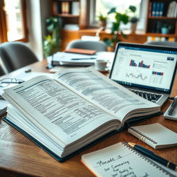 An open clinical research handbook displayed on a wooden table, surrounded by various research tools and materials