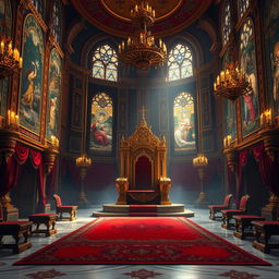 A majestic royal throne room filled with opulence and grandeur, featuring an ornate golden throne at the center, intricate tapestries hanging on the walls depicting ancient stories, stained glass windows filtering colorful light, lush carpets covering the marble floor, and decorative chandeliers casting a warm glow