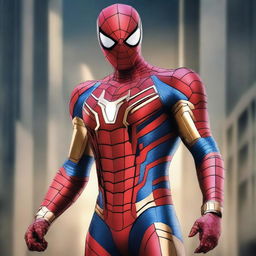 A high-quality digital art piece featuring Spiderman in a Transformer Iron Man-inspired costume