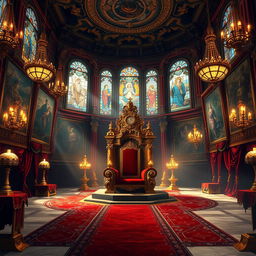 A majestic royal throne room filled with opulence and grandeur, featuring an ornate golden throne at the center, intricate tapestries hanging on the walls depicting ancient stories, stained glass windows filtering colorful light, lush carpets covering the marble floor, and decorative chandeliers casting a warm glow