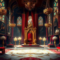 A majestic royal throne room filled with opulence and grandeur, featuring an ornate golden throne at the center, intricate tapestries hanging on the walls depicting ancient stories, stained glass windows filtering colorful light, lush carpets covering the marble floor, and decorative chandeliers casting a warm glow