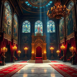 A majestic royal throne room filled with opulence and grandeur, featuring an ornate golden throne at the center, intricate tapestries hanging on the walls depicting ancient stories, stained glass windows filtering colorful light, lush carpets covering the marble floor, and decorative chandeliers casting a warm glow