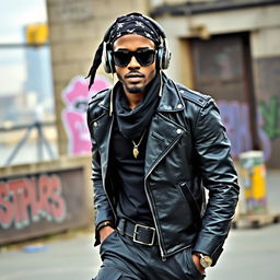 A stylish black man with blonde hair wearing a black pirate-style headscarf