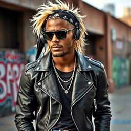 A stylish black man with blonde hair wearing a black pirate-style headscarf