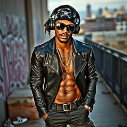 A stylish black man with blonde hair wearing a black pirate-style headscarf