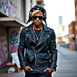A stylish black man with blonde hair wearing a black pirate-style headscarf