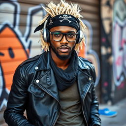 A stylish African man with striking blonde hair, wearing a black pirate-style headscarf