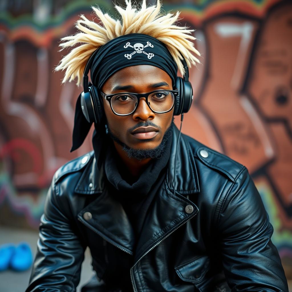 A stylish African man with striking blonde hair, wearing a black pirate-style headscarf