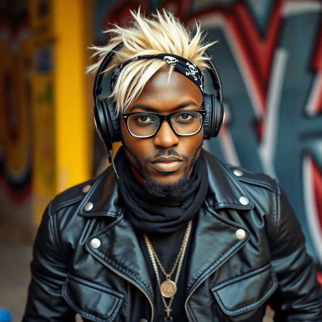 A stylish African man with striking blonde hair, wearing a black pirate-style headscarf