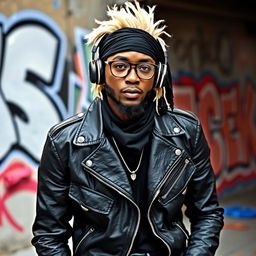 A stylish African man with striking blonde hair, wearing a black pirate-style headscarf