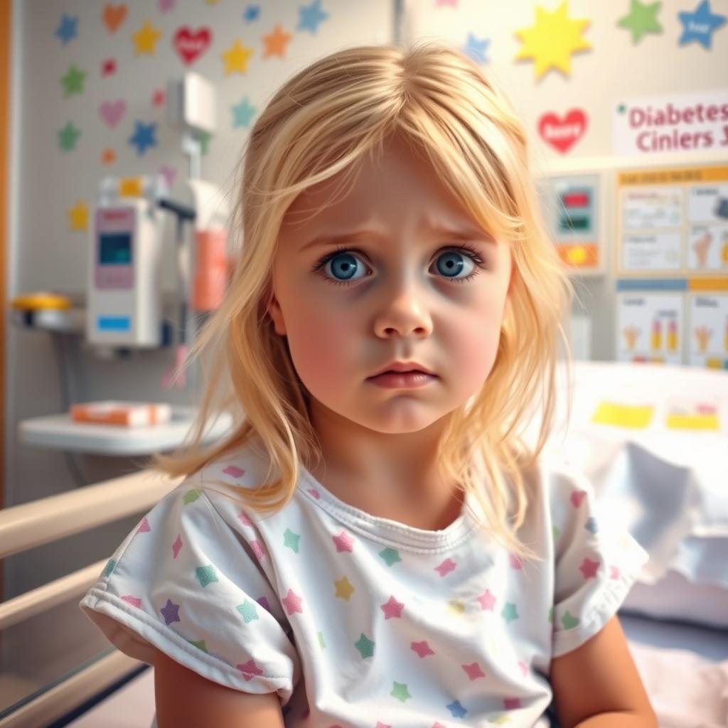 A young girl, about 7 years old, with blonde hair, sitting in a hospital room