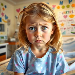 A young girl, about 7 years old, with blonde hair, sitting in a hospital room