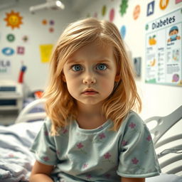A young girl, about 7 years old, with blonde hair, sitting in a hospital room