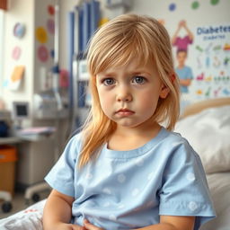 A young girl, about 7 years old, with blonde hair, sitting in a hospital room