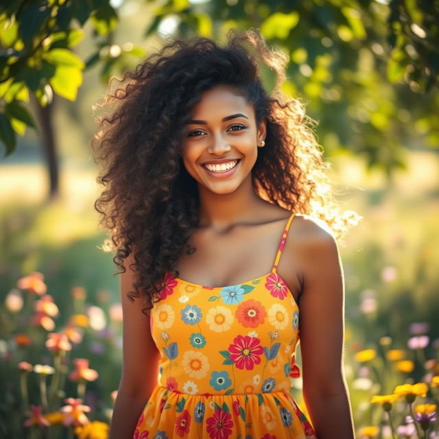 A beautiful young woman with voluminous curly hair cascading down her shoulders, wearing a vibrant summer dress