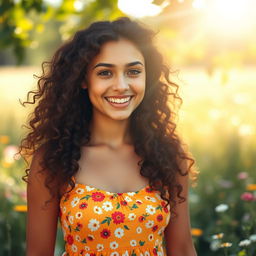 A beautiful young woman with voluminous curly hair cascading down her shoulders, wearing a vibrant summer dress