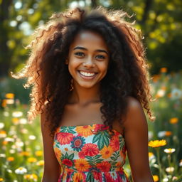 A beautiful young woman with voluminous curly hair cascading down her shoulders, wearing a vibrant summer dress