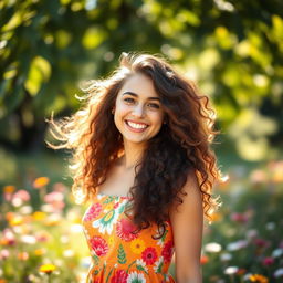 A beautiful young woman with voluminous curly hair cascading down her shoulders, wearing a vibrant summer dress