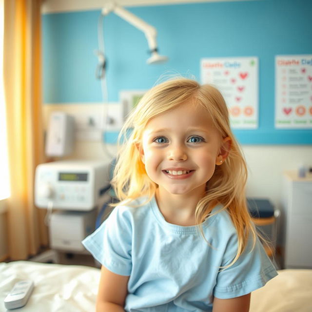 A smiling young girl, about 7 years old, with blonde hair, sitting in a bright and cheerful hospital room