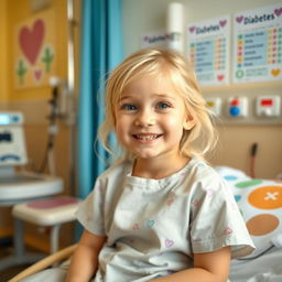 A smiling young girl, about 7 years old, with blonde hair, sitting in a bright and cheerful hospital room