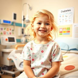 A smiling young girl, about 7 years old, with blonde hair, sitting in a bright and cheerful hospital room
