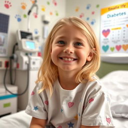 A smiling young girl, about 7 years old, with blonde hair, sitting in a bright and cheerful hospital room