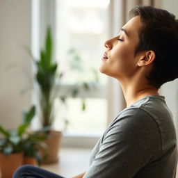 A profile view of a person sitting calmly during an inhalation exercise