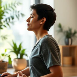 A profile view of a person sitting calmly during an inhalation exercise