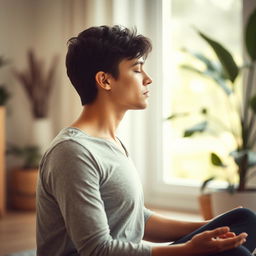 A profile view of a person sitting calmly during an inhalation exercise