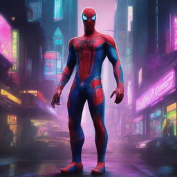 A high-quality digital art piece featuring Spiderman in an Optimus Prime-inspired costume set in a Cyberpunk environment