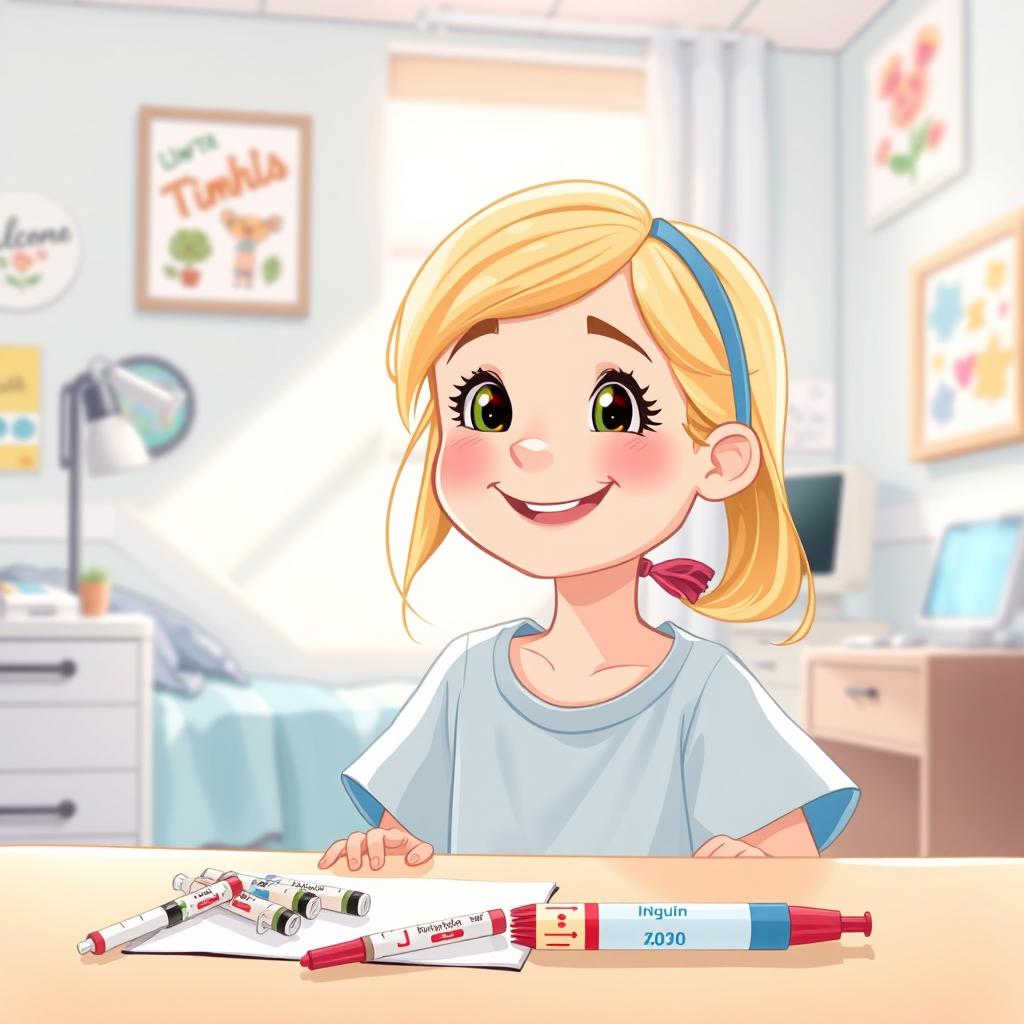 An illustration of a smiling girl, approximately 7 years old, with blonde hair, in a bright and welcoming hospital room