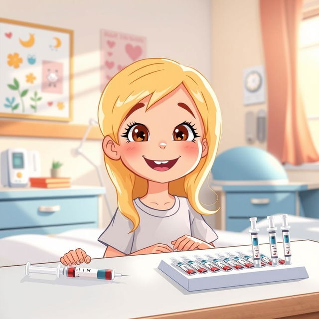 An illustration of a smiling girl, approximately 7 years old, with blonde hair, in a bright and welcoming hospital room