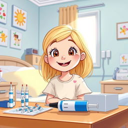 An illustration of a smiling girl, approximately 7 years old, with blonde hair, in a bright and welcoming hospital room