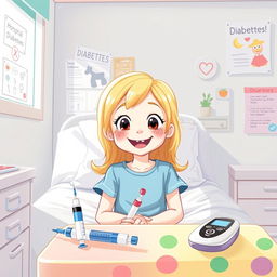 An illustration of a smiling girl, about 7 years old, with blonde hair, sitting in a bright and cheerful hospital room