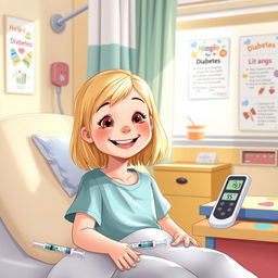 An illustration of a smiling girl, about 7 years old, with blonde hair, sitting in a bright and cheerful hospital room