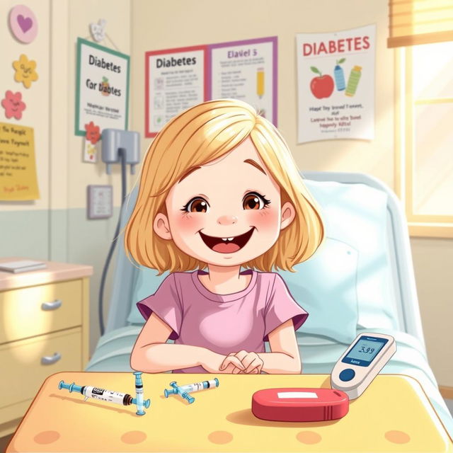 An illustration of a smiling girl, about 7 years old, with blonde hair, sitting in a bright and cheerful hospital room