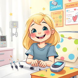 An illustration of a smiling girl, about 7 years old, with blonde hair, sitting in a bright and cheerful hospital room