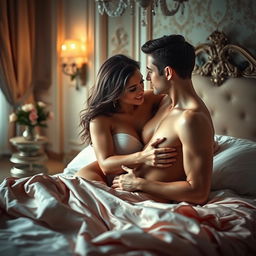 A sensual scene depicting intimacy between two adults in a romantic setting, featuring soft lighting and a beautifully decorated bedroom with elegant decor