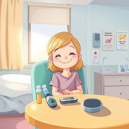 Une illustration d'une fille souriante, âgée d'environ 7 ans, avec des cheveux blonds, assise dans une chambre d'hôpital lumineuse et accueillante