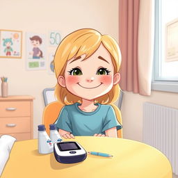 Une illustration d'une fille souriante, âgée d'environ 7 ans, avec des cheveux blonds, assise dans une chambre d'hôpital lumineuse et accueillante