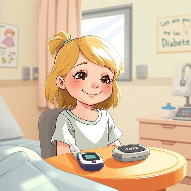 Une illustration d'une fille souriante, âgée d'environ 7 ans, avec des cheveux blonds, assise dans une chambre d'hôpital lumineuse et accueillante