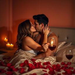 A romantic and intimate scene between two adults in a softly lit bedroom, featuring a couple sharing a passionate kiss while surrounded by rose petals